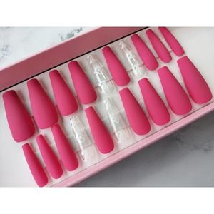 Hot Pink Louie Pink Long Coffin Matte Finish Press On Nails Long